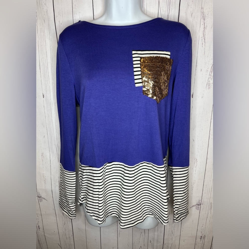 NEW Casual Glam Long Sleeve Tee Women’s Medium Purple Stripes Gold Sequin Pocket